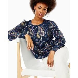 Lilly Pulitzer Lambert Navy Metallic Multicolor Sparkle Long Sleeve Silk Top